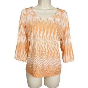 Womens Chico's Sz 2 Orange & White Aztec 3/4 Sleeve Blouse